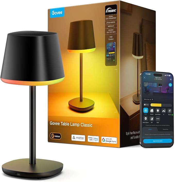 Govee Smart Cordless Table Lamp Classic No Adapter, RGBIC Desk Lamp