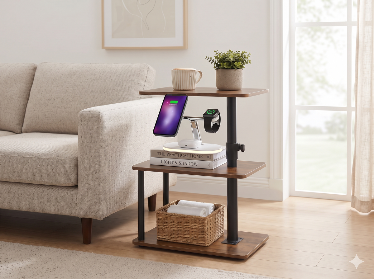 C-Shaped Swivel Side Table with Adjustable Height & Storage, 360° Rotating Sofa & Bedside Table, Mobile Couch End Table for Living Room, Bedroom & Small Spaces
